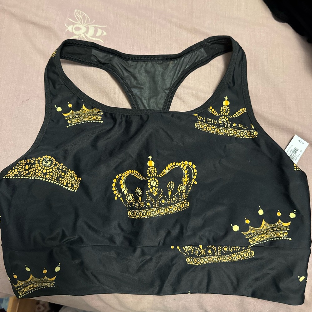 Victoria's Secret Black Sports Bralette with Gold Crown Print NWT